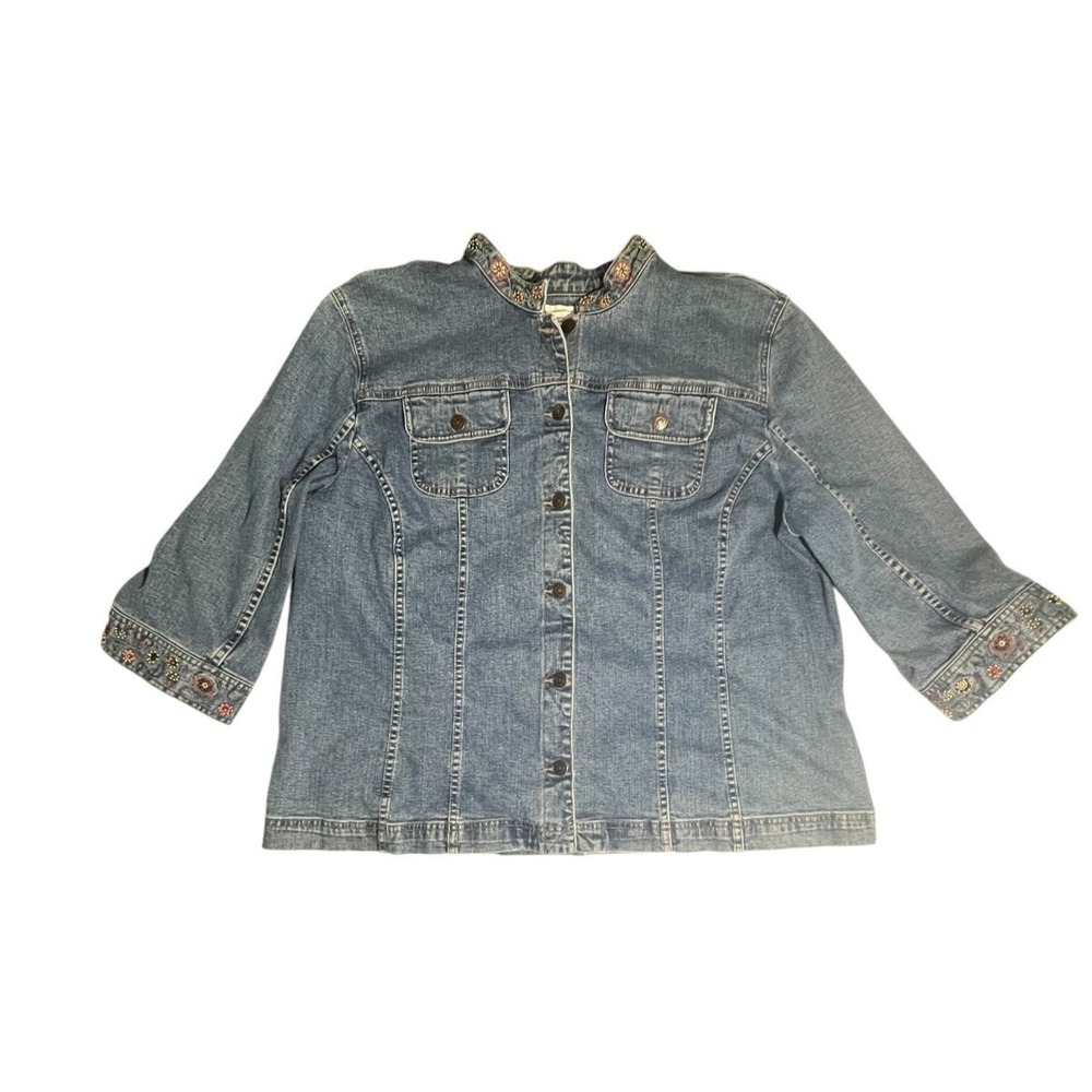 CJ Banks Women's Denim Jacket‎ Embroidered Beaded Stretch Boho Cottagecore XL